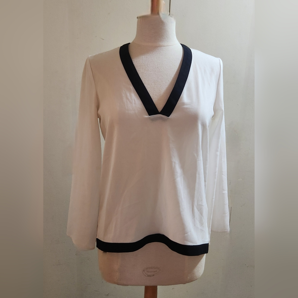 Lord & Taylor Elegant White and Black V-Neck Women's Top